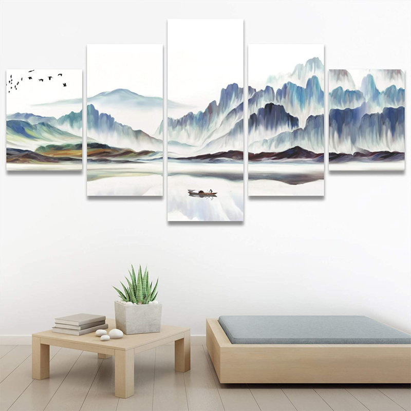 Signe grande impression d'art mural sur toile, montagnes et paysage marin avec bateau de pêche, nature sauvage, illustrations, minimalisme, paysage rustique coloré pour le salon, la chambre à coucher, le bureau - 60 po x 32 po