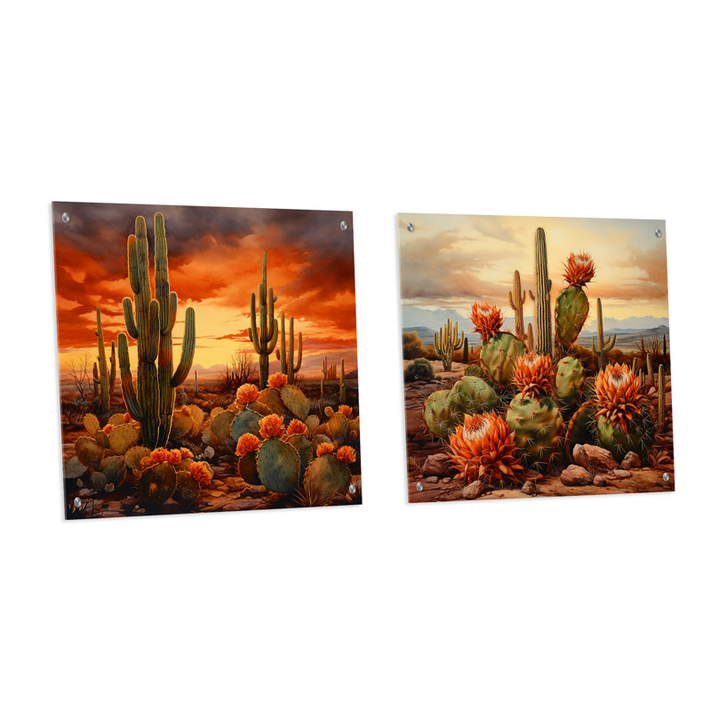 Cactus cuivré au Nevada - ensemble de 2 peintures murales en acrylique Cactus, H 16 po x l 33 po