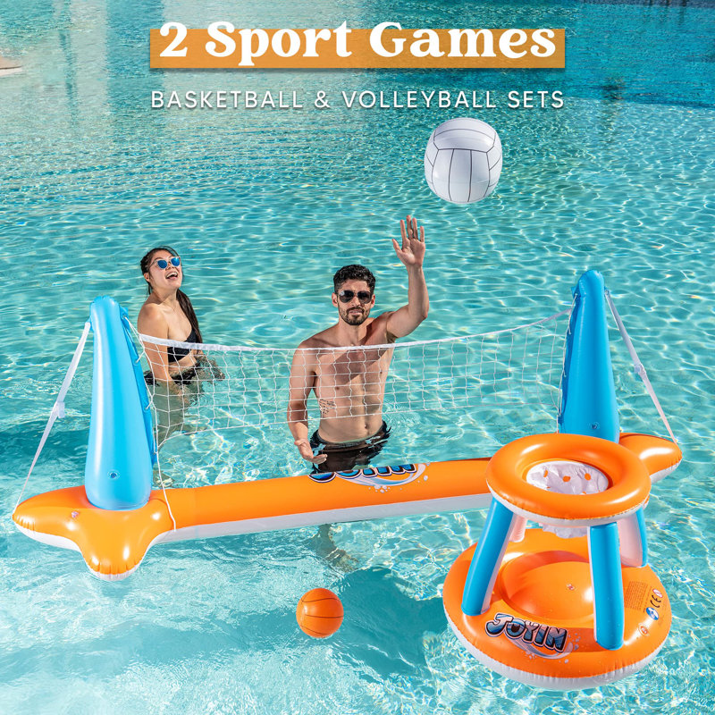 Inflatable Pool Float Set Volleyball Net & Basketball Hoops, Orange, Orange