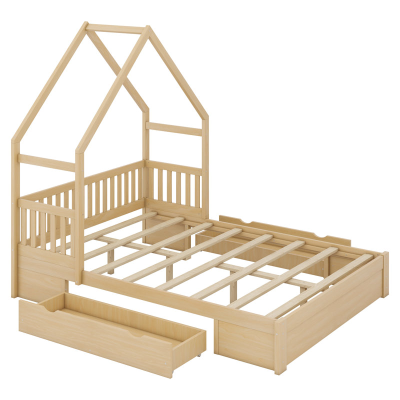 Lit plateforme avec garde-corps et tiroirs Wood House, Naturel