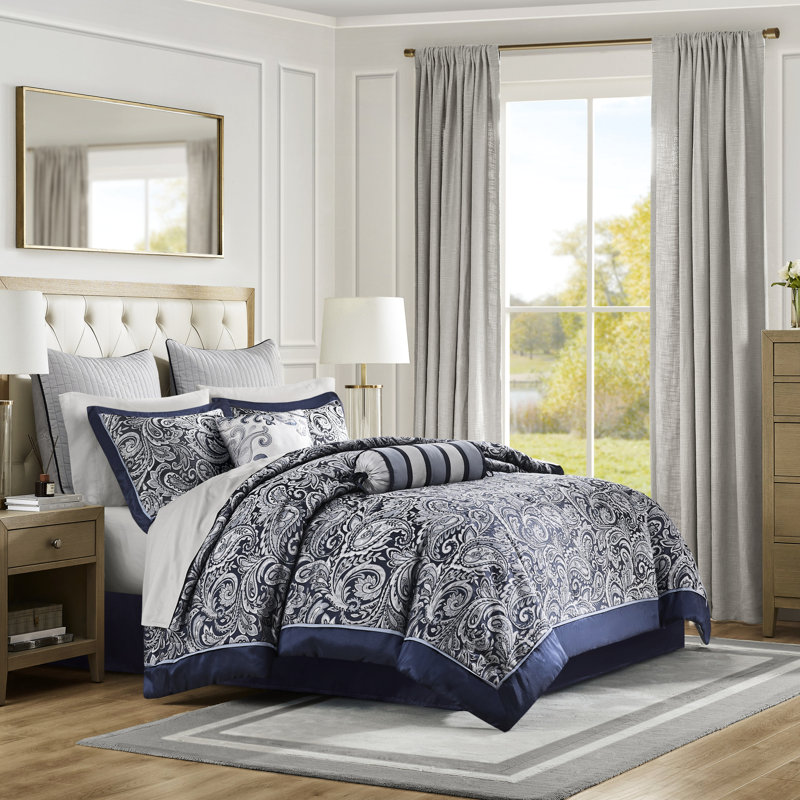Édredon bleu marine 12 pièces, draps en coton douillets, motif cachemire moderne, 2 taies décoratives, coussins décoratifs, jupe de lit incluse bleu marine, édredon 100% motif magnifique, Euro
