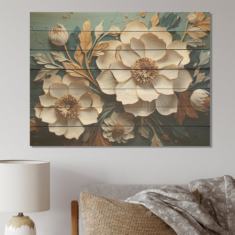 Blanc et bleu, charmante fleur de printemps élégante III - Fleurs sur bois, H 10 po x l 20 po