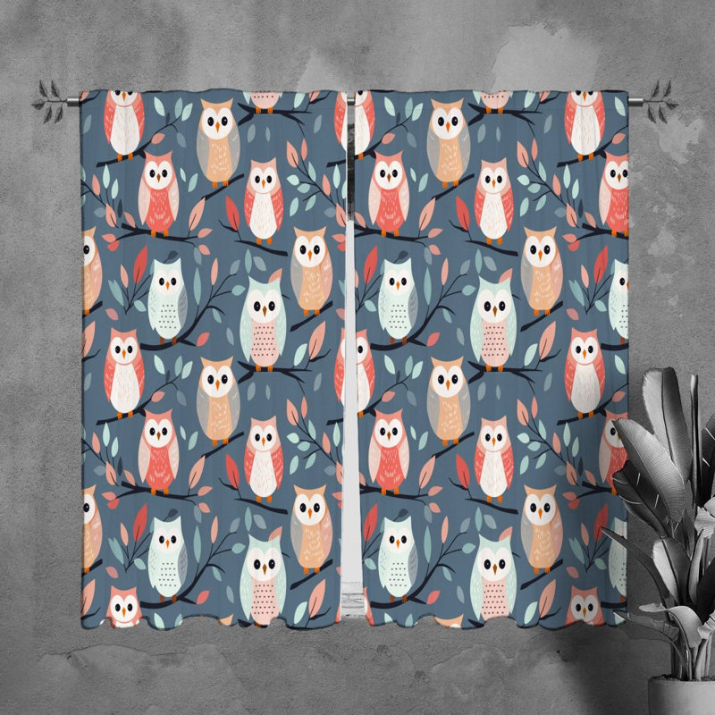 Owl Window Curtains Animals Blue Drapes, H 82 po x l 20 po