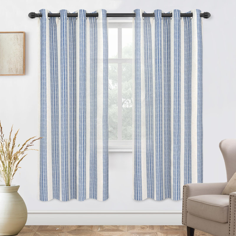 Semi Sheer Grommet Linen Chris Stripe Patterned Curtains, 52" W x 72" L, Navy