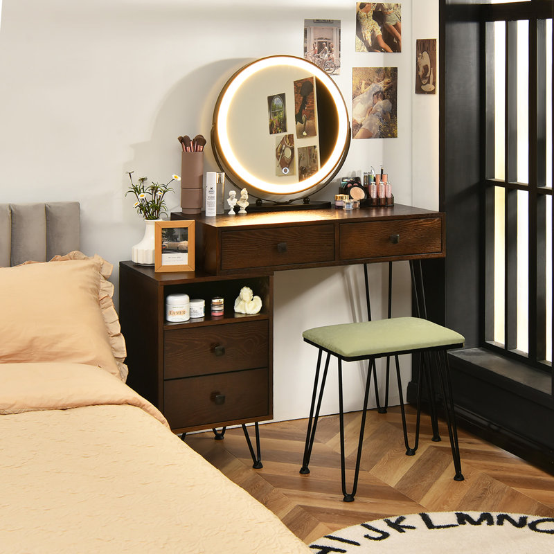 Bedroom Makeup Vanity Dressing Table Stool Set with 3 Colors Lighted Mirror Large Storage Cabinet Drawer, Espresso/Black