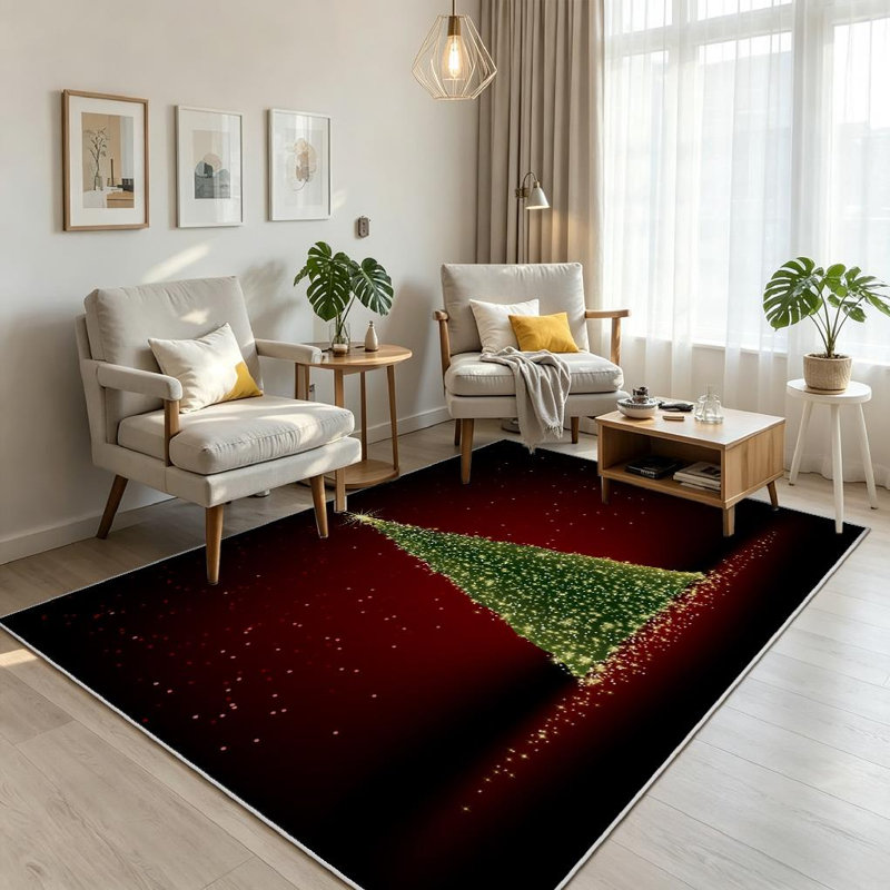 Red Abstract Green Christmas Tree File Light Xmas Machine Washable Indoor Area Rug, Rectangle 79" x 118"