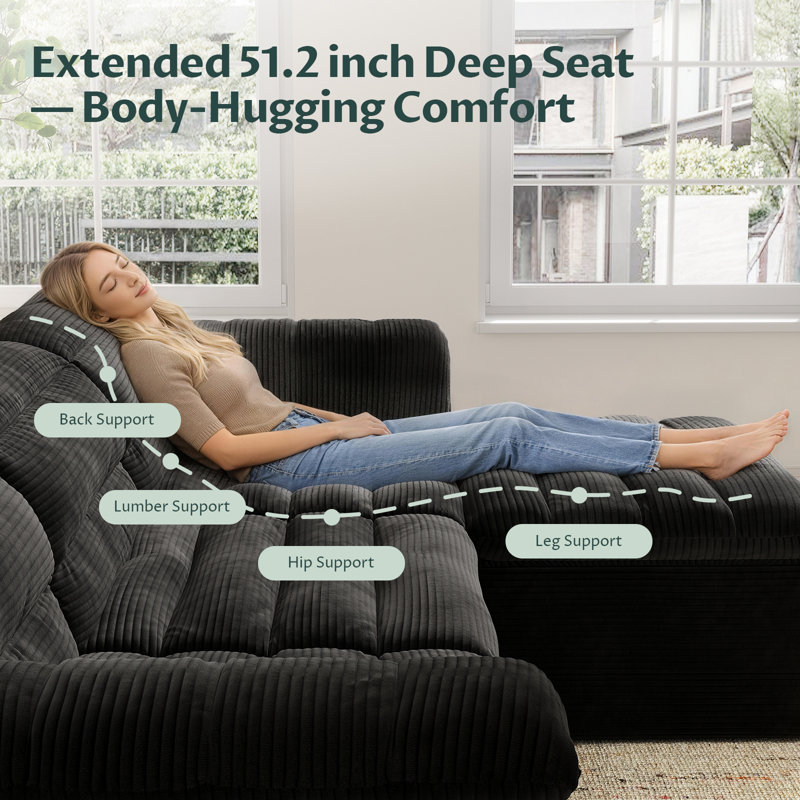 112" Modular U-Shape Cloud Sofa with Deep Seating, Corduroy Couch, No Assembly Required, Black, Black Corduroy