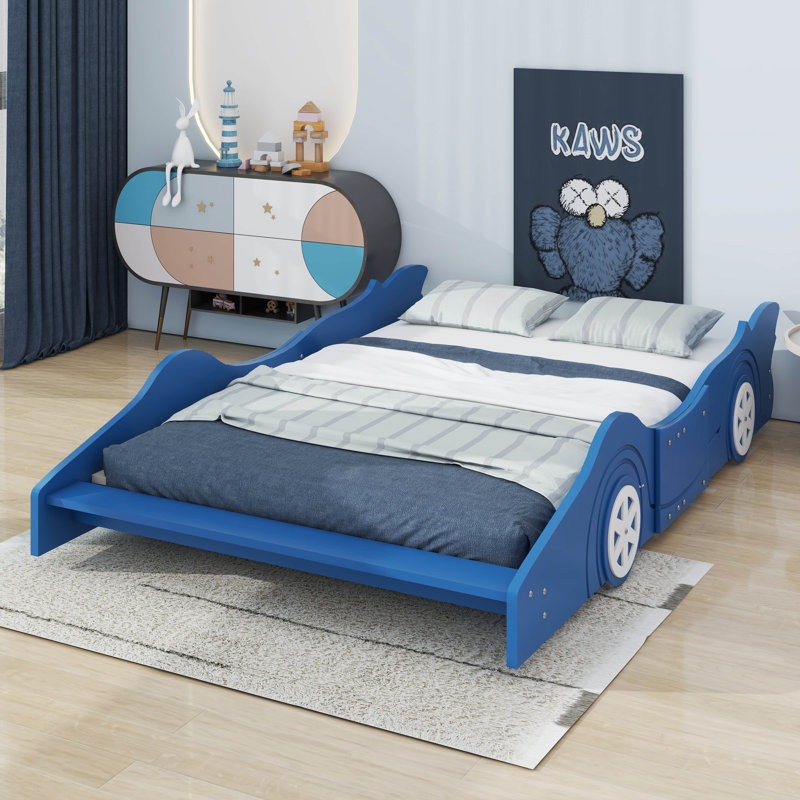 Lit plateforme en forme de voiture avec roulettes, Double, Bleu