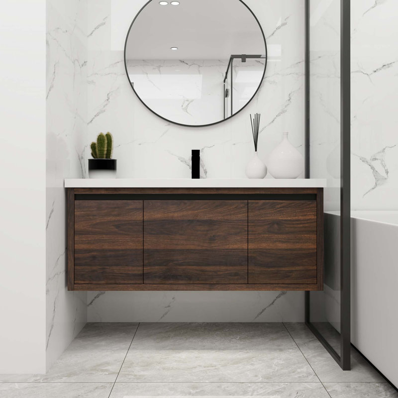 Float Mounting Bathroom Cabinet With Sink, Walnut