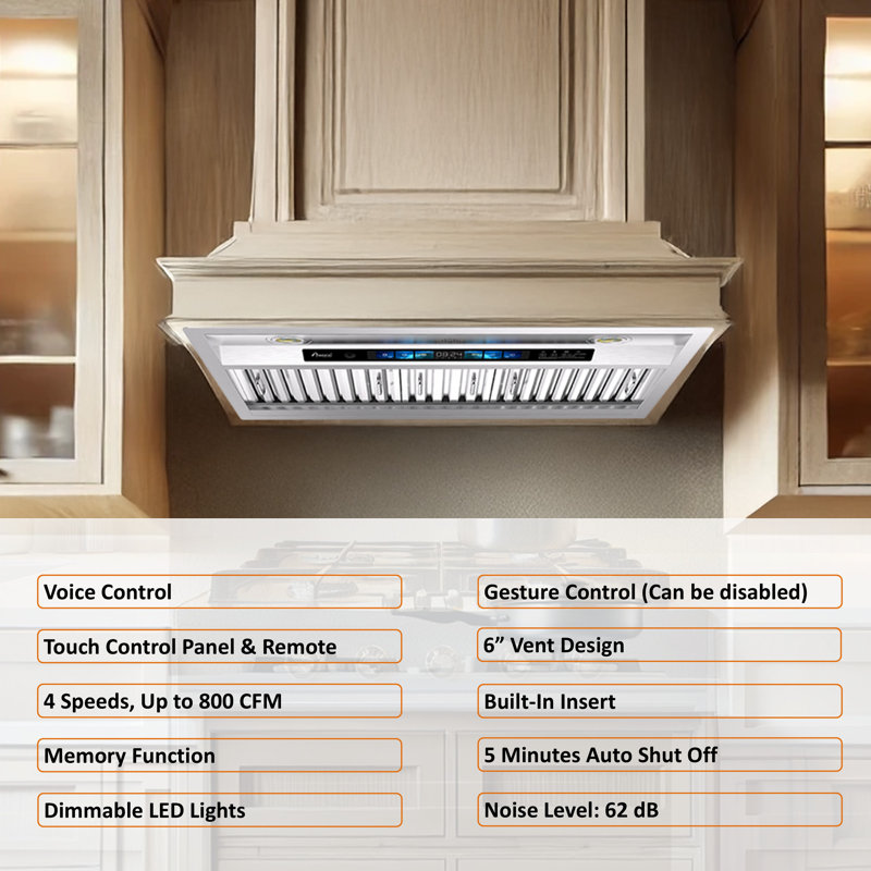 Hotte intégrée à conduit 30 po Awoco de 800 pi³ / min en acier inoxydable avec commande vocale / par geste / tactile