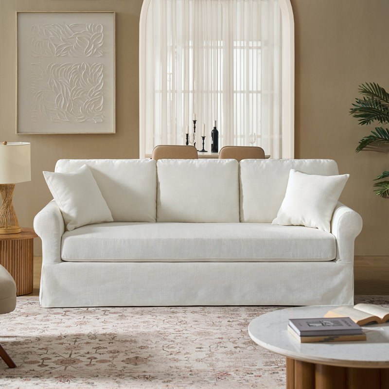 Ebner 82" Traditional Slipcovered Sofa with Rolled Armrests and Zippered Cushions, Ivory