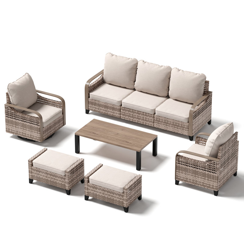 5-Person Patio Furniture Set With Single Seat, Swivel Chair, 3-Seater, 2 Ottomans & Coffee Table, Outdoor Wicker Rattan Sectional Seating Group, All Weather Sofa Conversation Set With Cushions