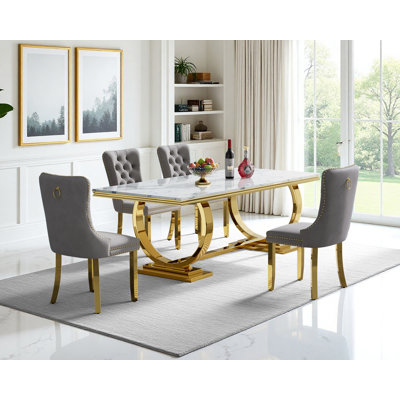 Luxury 68" Dining Table Set for, White Faux Marble Dining Table with Velvet Dining Chairs, Modern Kitchen Table and Chairs Set, Luxury Dining Table Set for Kitchen Dining