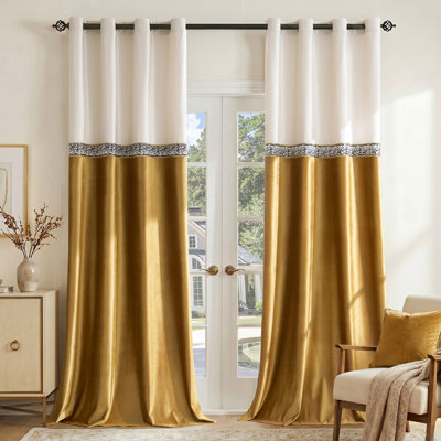 Velvet Embroidered Room Darkening Thermal Curtain,Patchwork Color Block Drapes for Living Room Bedroom (Set of 2)