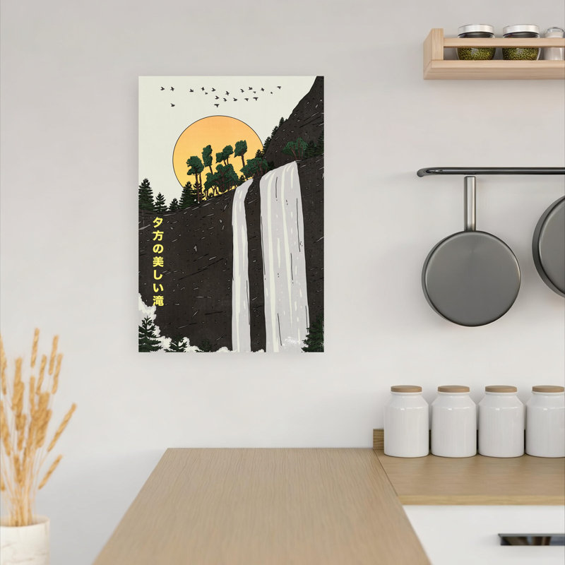 Japanese Sunset Waterfall Peaceful Serene Tranquil Pine Tree Bird Forest Landscape Wall Art Print 1 Piece Wrapped Canvas Wall Art
