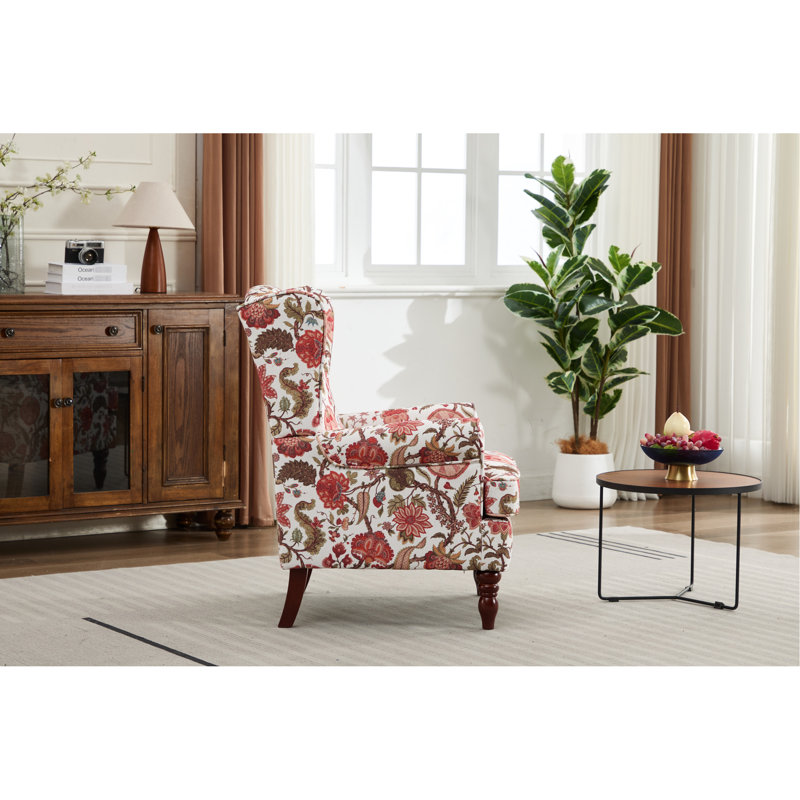 Fauteuil d'appoint rétro en pin rouge à motifs floraux, avec pieds en pin, pour bureau, mousse haute densité et tissu résistant pour chambre à coucher, motifs uniques.