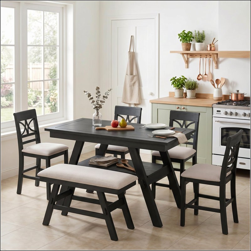 Ensemble de salle à manger à hauteur de comptoir rustique avec rangement, table en bois 6 pièces, banc et 4 chaises pour cuisines modernes et petits espaces