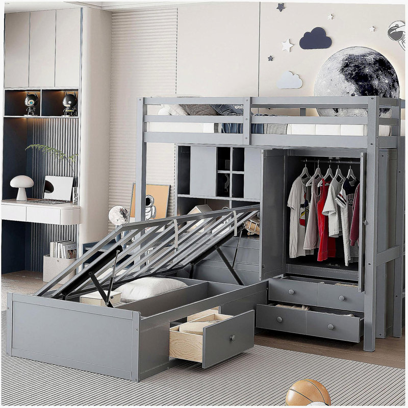Lit superposé simple avec tiroirs, garde-robe, tablettes de rangement et lit hydraulique, gris