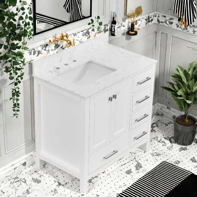 Meuble-lavabo en bois massif avec lavabo, conception moderne, 36 po