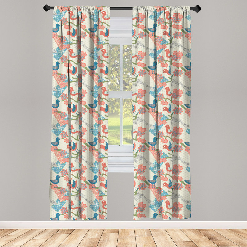 Blue and Salmon Floral Pattern Room Darkening Curtain Panel Pair