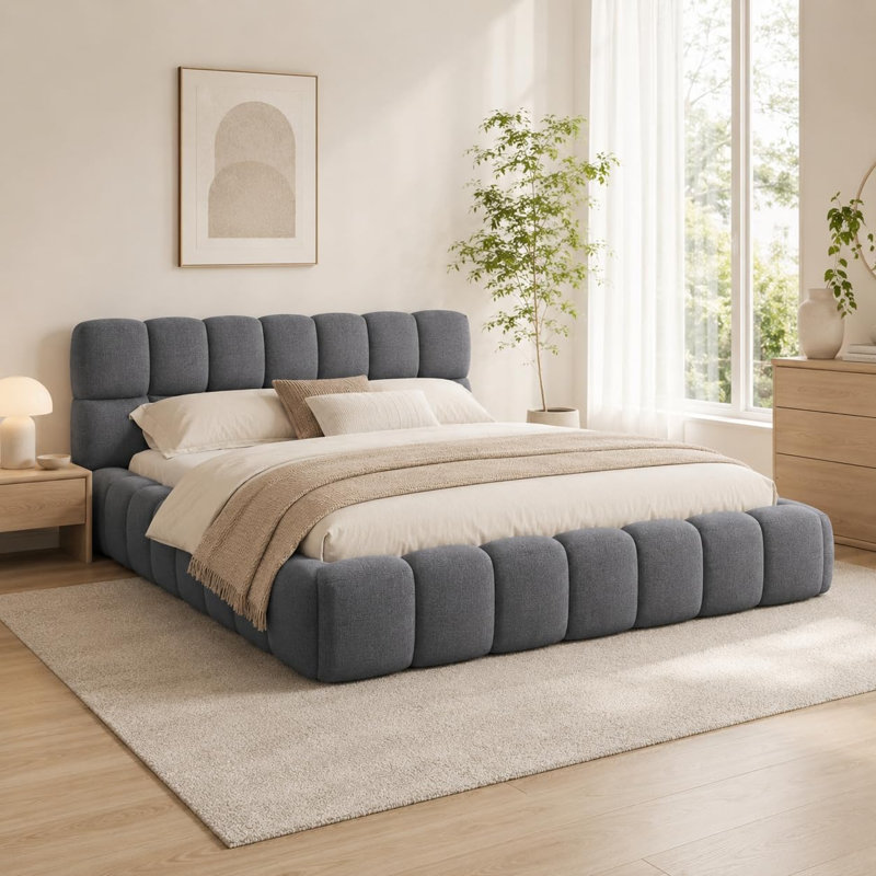 Upholstered Double Bed with Unique Mattress Design, Grey, Double (4'6)