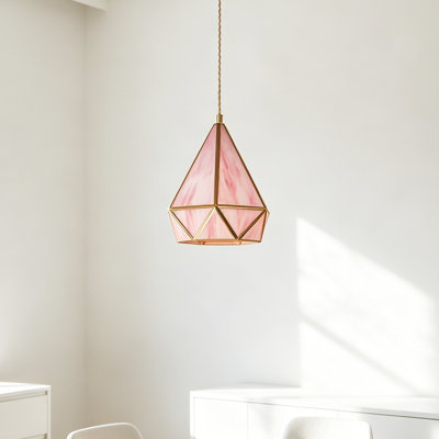  Pink Single Pendant Light, Diamond Shade Hanging Light With 3-Color Led Bulb