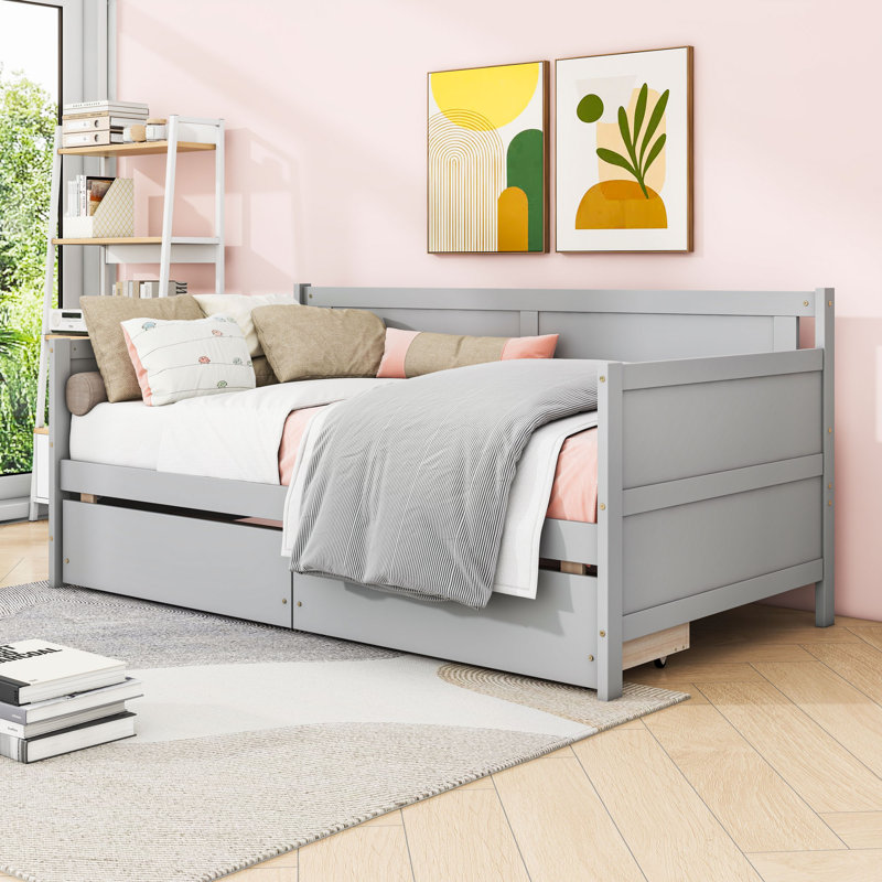 Twin Wooden Two Drawers Daybed with Slats, Gray