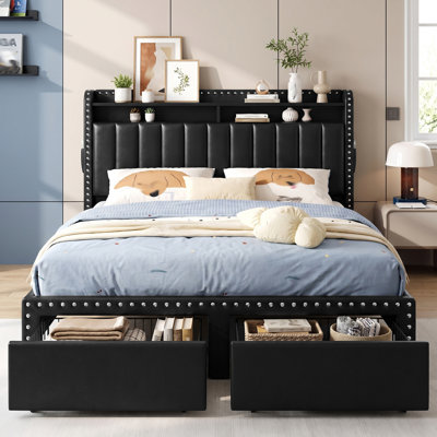 Cadre de lit Francille, taille standard, capitonné, orné de rivets, 2 tiroirs sous le lit, tête de lit à 2 niveaux avec poches latérales, sommier non requis