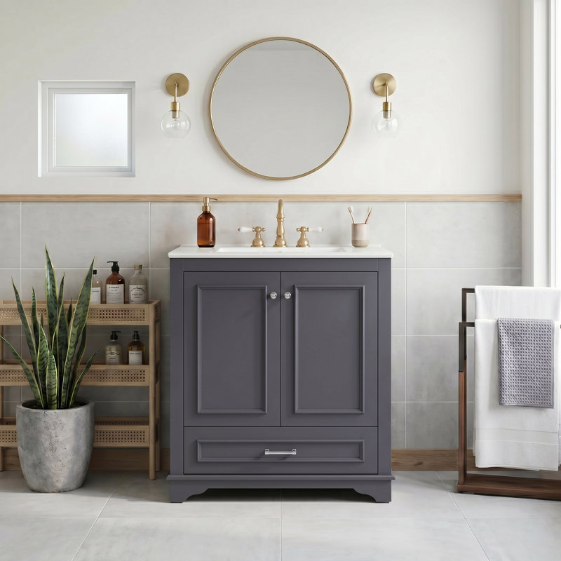 Meuble-lavabo de luxe 30 po avec lavabo en céramique, armoire de rangement en bois massif avec 2 grandes portes à fermeture douce