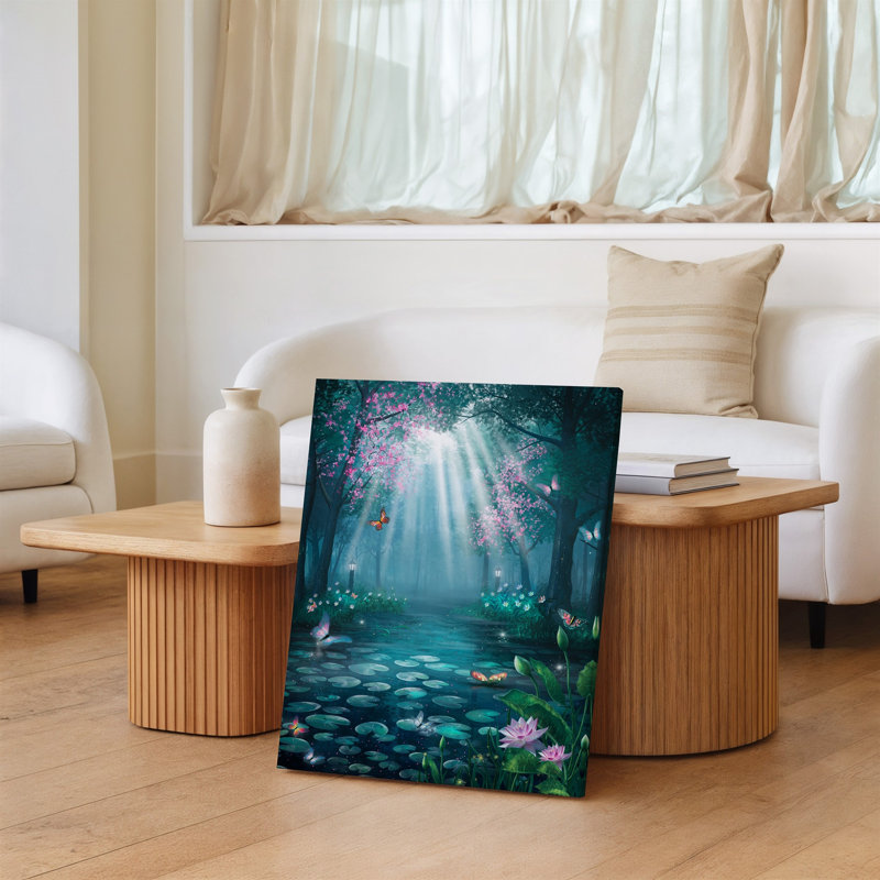 Toile «Mystical Forest Scene Bathed In Soft Ethereal Light», art mural avec des arbres imposants ornés de fleurs roses éclatantes