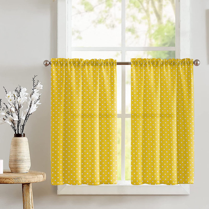 Rideau de café à pois sur mesure en mélange de coton l 27 po, Blanc / jaune