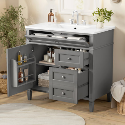 Meuble-lavabo de 36 po avec lavabo supérieur SMC, meuble de rangement moderne avec 2 tiroirs et tiroir escamotable, meuble-lavabo simple