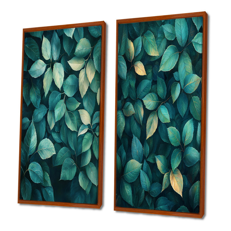 Emerald Green Leaves Lush Layers I - Art mural floral 2 panneaux, H 40 po x l 41 po, Cadre flottant brun
