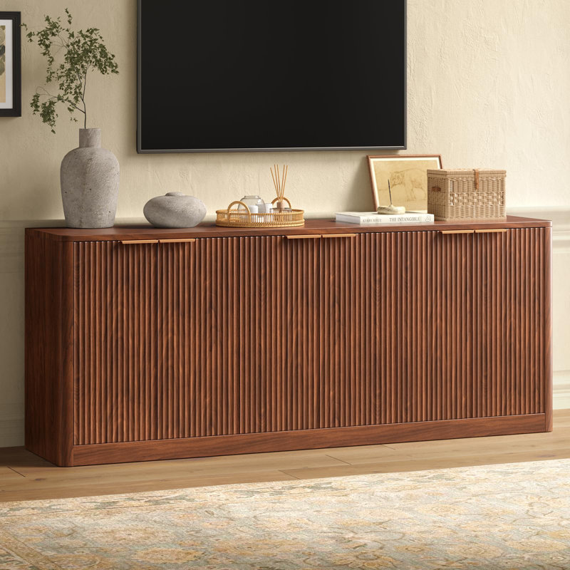 67" Fluted Sideboard Buffet Cabinet With Storage, Large Buffet Cabinet With 6 Doors For Kitchen And Living Room, Walnut