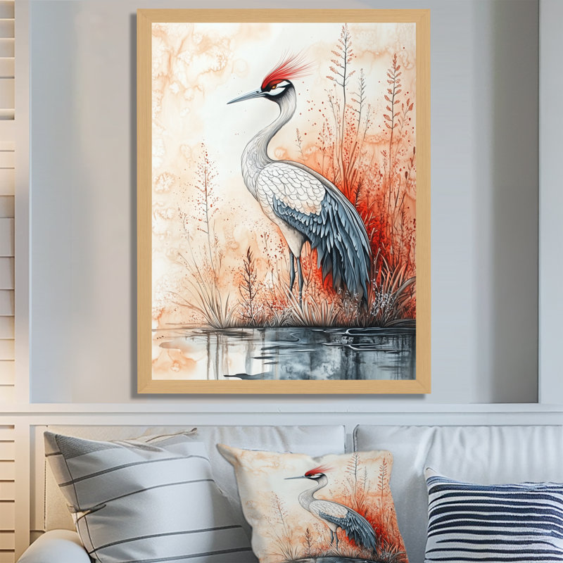 Grue cendrée en vol Sumi-E II - Tableau encadré, 32" H x 24" W, Natural Picture Framed