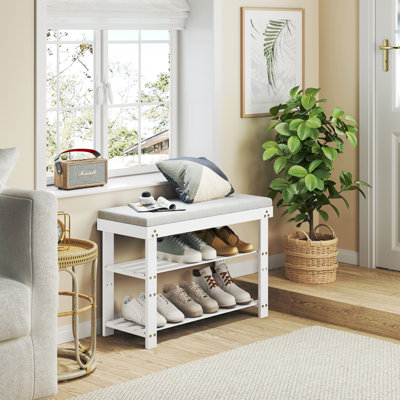 Banc à chaussures en bambou, range-chaussures à 3 niveaux, banc d'entrée avec coussin et tablettes réglables, range-chaussures pour vestibule, couloir, vestibule et salon