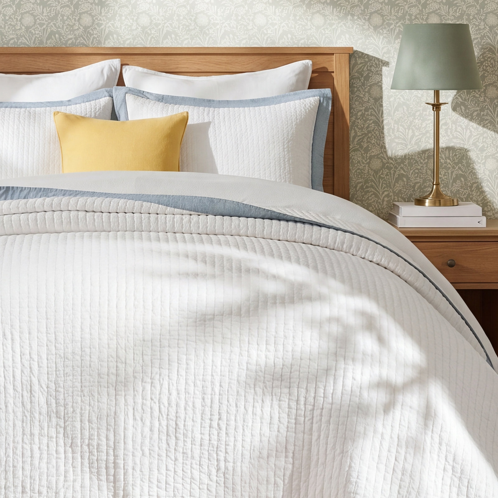 Cotton Quilt Set, King Quilt + 2 King Shams, Blue Linen