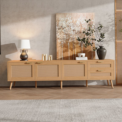 Meuble télé avec portes en rotin pour téléviseur de 80 po ou moins, console multimédia avec 2 tiroirs de rangement pour le salon