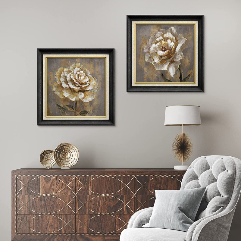 Grunge floral, botanique, rose blanche - ensemble de 2 peintures sur toile, Noir