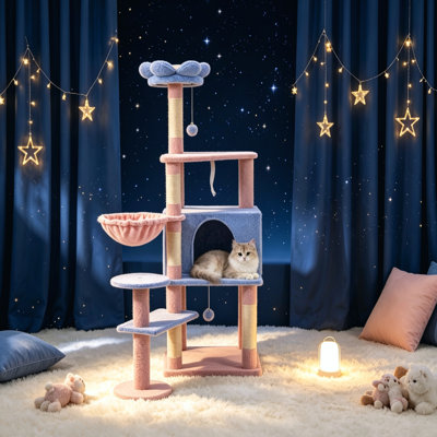 Arbre à chat en forme de fleur pour chats d'intérieur, mobilier d'activité avec grande niche, coussin à fleur amovible et hamac doux, bleu