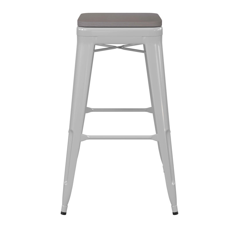 Briahnna Indoor/Outdoor Backless Counter Stool with Poly Resin Seat, White/Gray, Bar Stool (30" Seat Height)