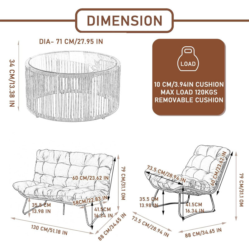 Ensemble de conversation d'extérieur 4 places avec table basse en verre trempé