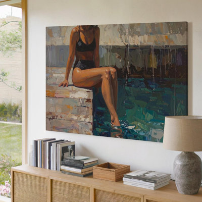 Canvas Dockside Solitude Canvasimpressionist Woman By Water Wall Art Ready To Hang Gallery Wrapped Home Decor Modern Design Premium Quality