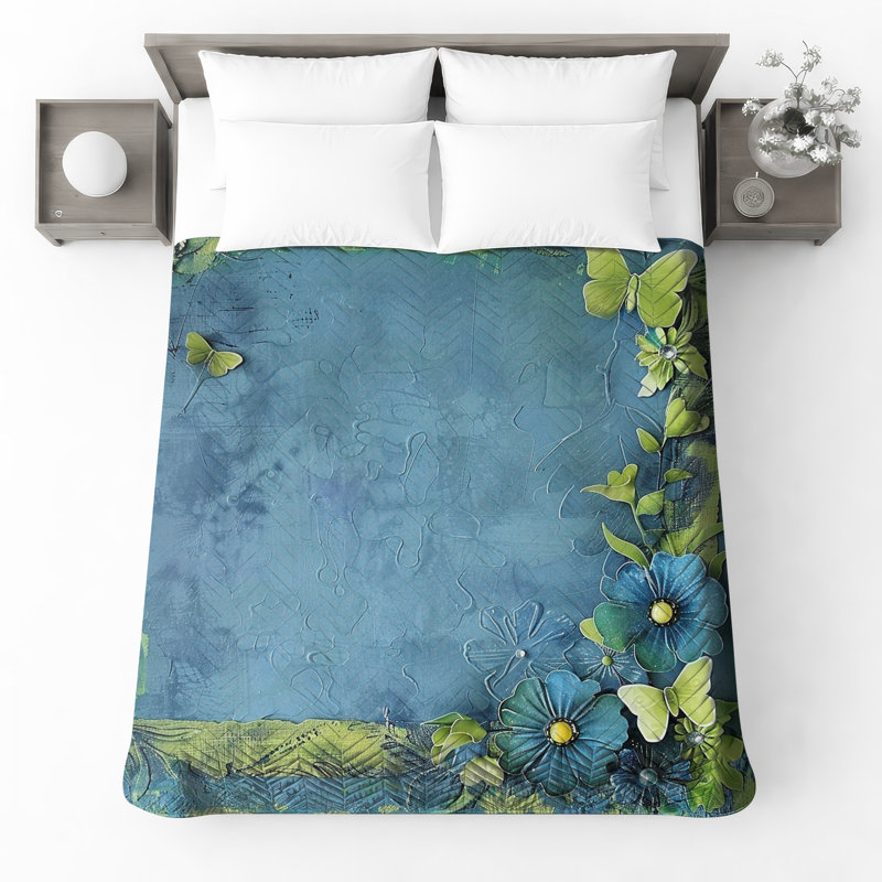 Couvre-lit matelassé vert à motif floral, Double