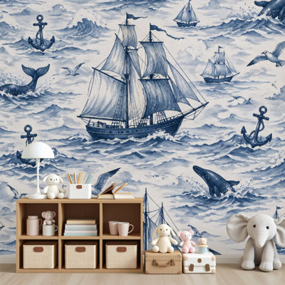 Nursery Peel and Stick Wallpaper Vintage Sailboat Waves Anchors Seagulls Blue Tones Wall Murals 69"H x 96"W Removable PVC Wall Paper Self-Adhesive Wall Decor for Bedroom Living Room For Kids Room