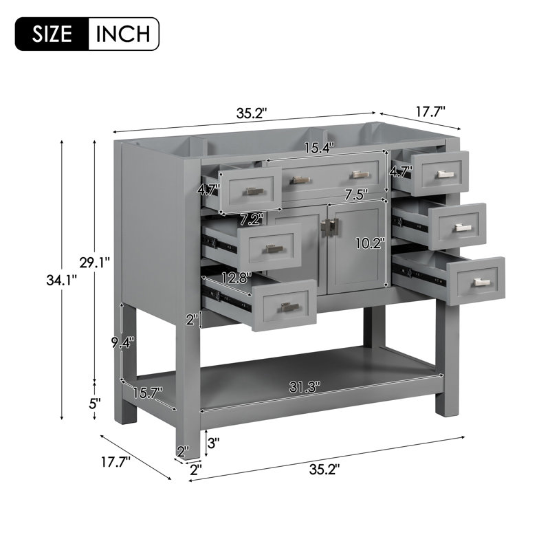 Armoire de meuble-lavabo grise 36 po avec 6 tiroirs, 2 portes, 36 po, gris, portes, rangement pour salle de bain