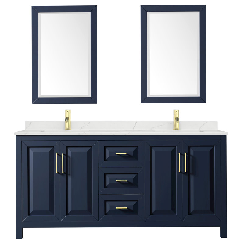 Daria 72'' W Vanity, White Quartz, Blue, Brushed Gold