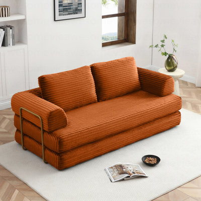 Canapé-lit convertible, canapé-lit pliant en velours côtelé, matelas de canapé-lit pliable avec oreillers, canapé désossé pour le salon, orange