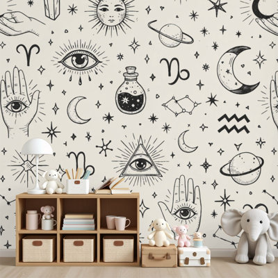 Papier peint adhésif autocollant Astrologie mystique, lunes, mains, étoiles, zodiaque, panneaux muraux, H 69 po x l 96 po, papier peint amovible en PVC, adhésif pour chambre à coucher, salon, bureau à domicile