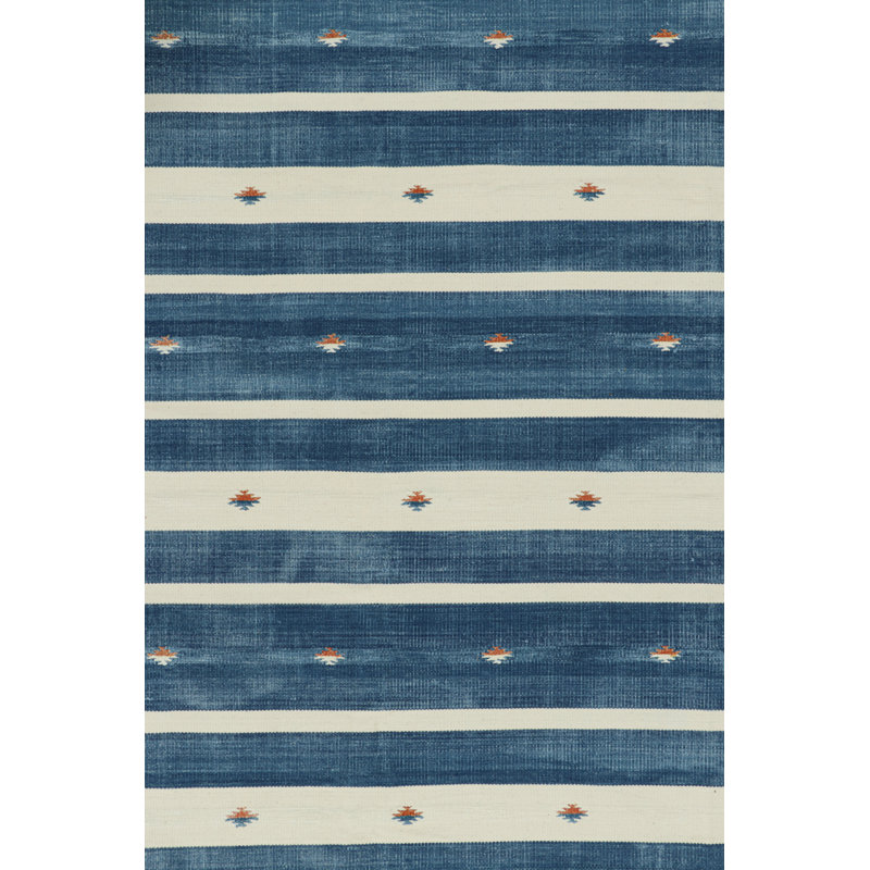 Rug & Kilim’S Contemporary Dhurrie Rug In Blue With White Stripes, Rectangle 8' x 10'